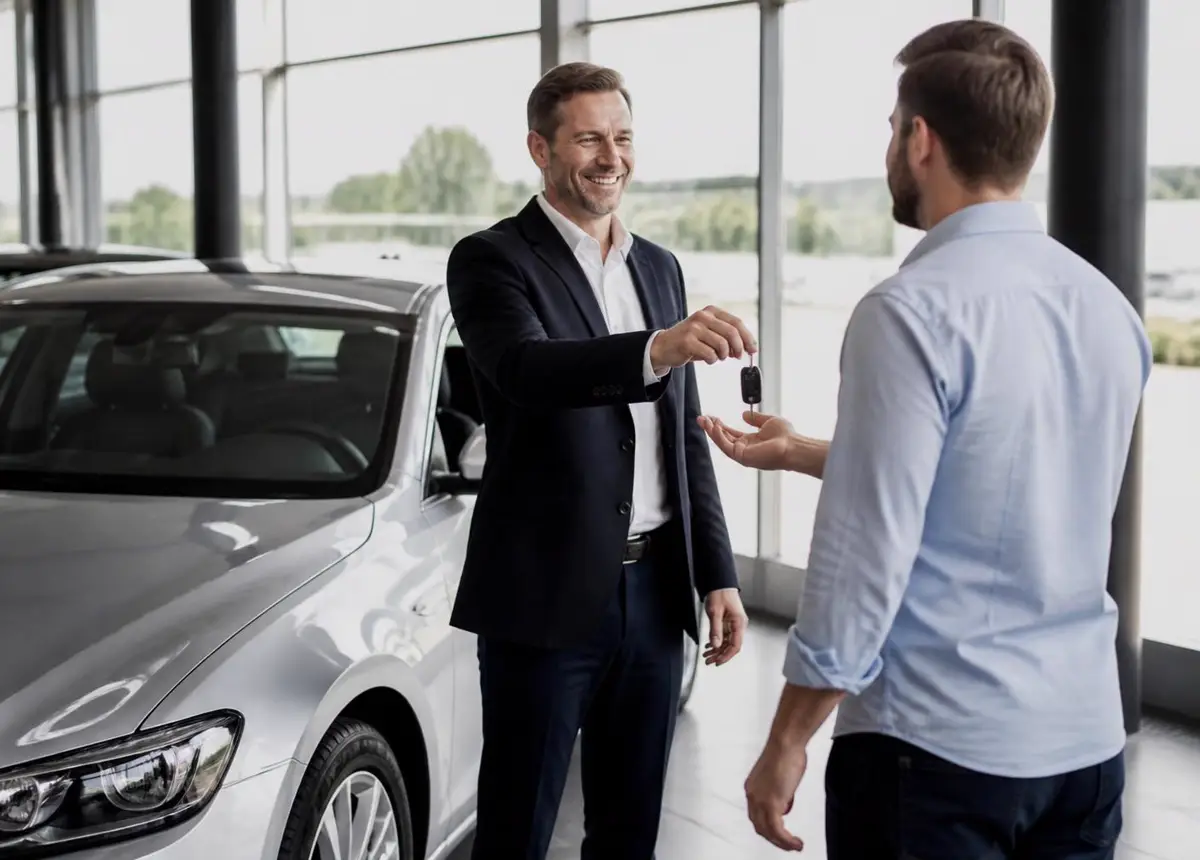 Autohaus-Mitarbeiter übergibt einem Kunden den Fahrzeugschlüssel nach erfolgreicher Vermittlung